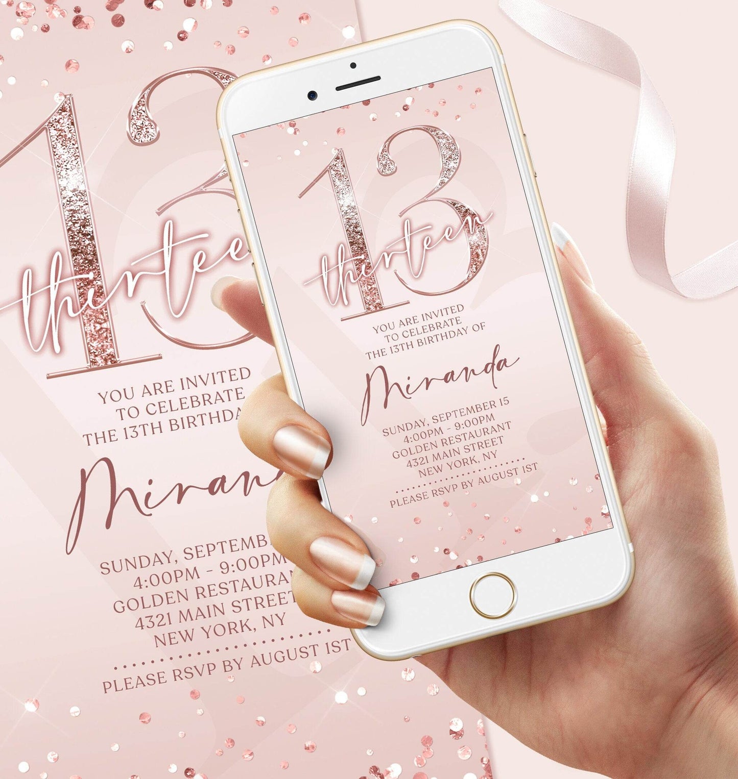 13th Birthday Invitation Template | Rose Gold Digital Evite | Editable Pink Girl Thirteen Birthday Invite | Text Message Card | Instant Download