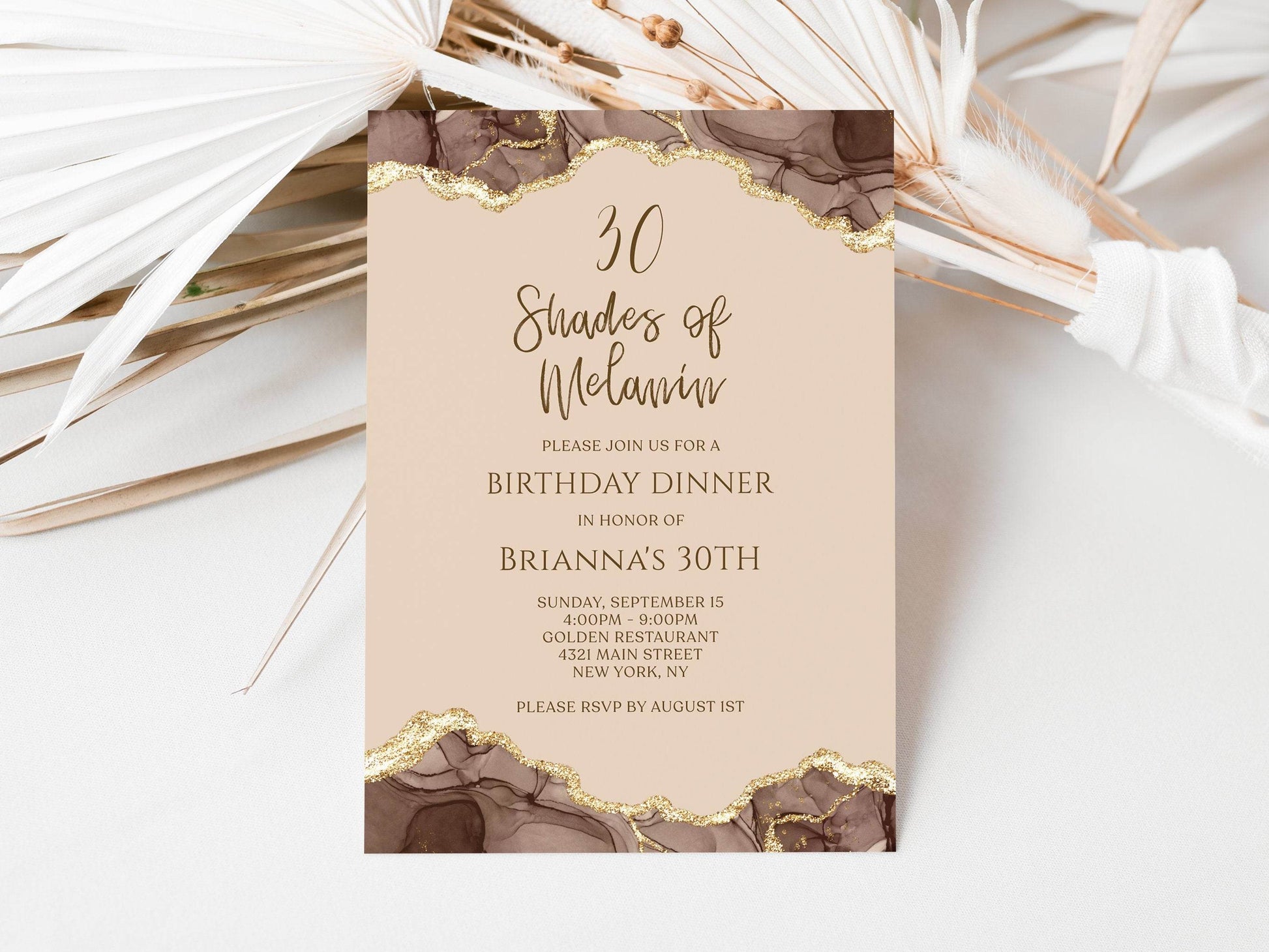 Shades of Melanin Birthday Dinner Invitation, Editable Brown Gold Agate Invite, Printable Digital Evite, Text Message Template