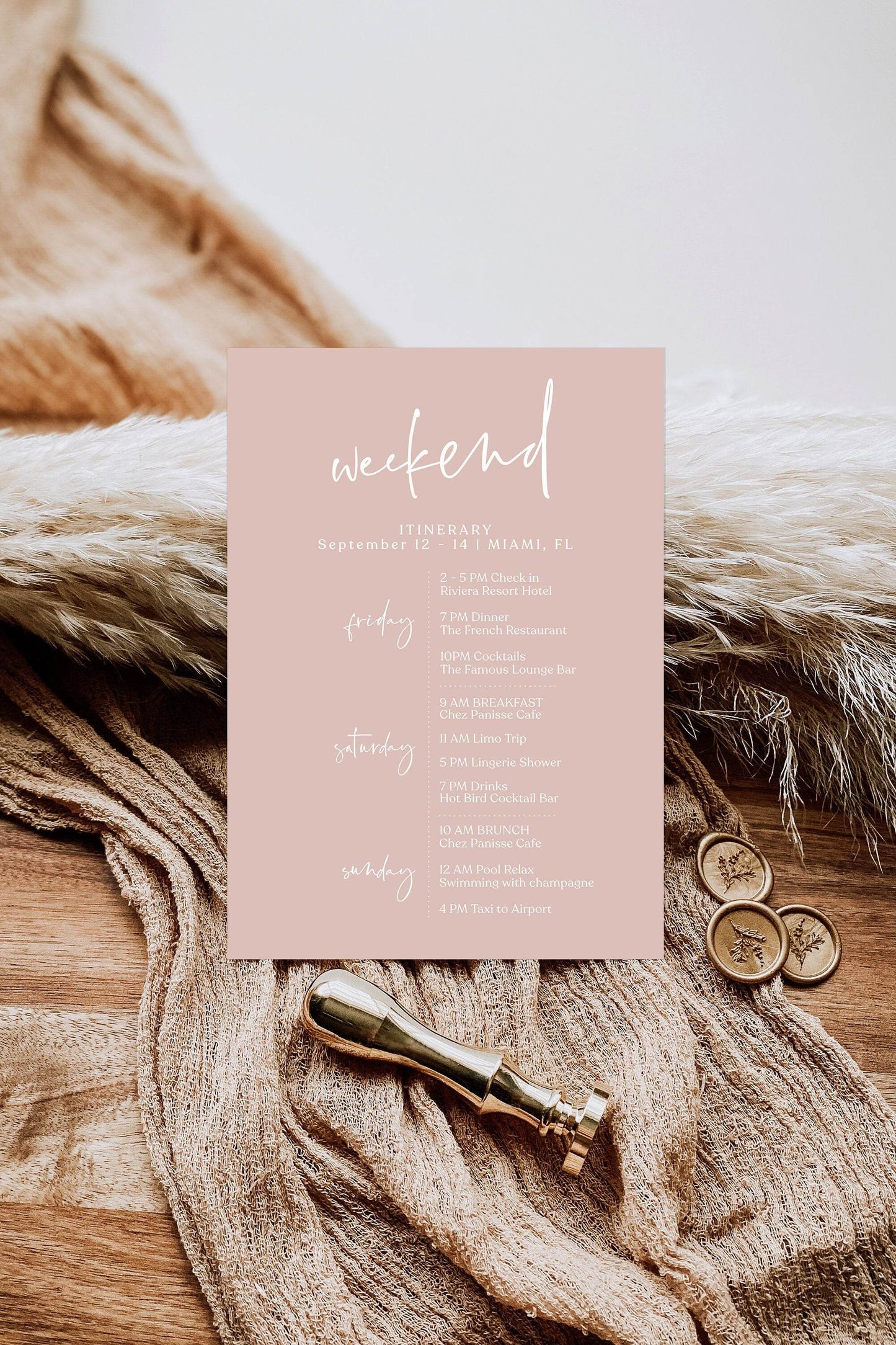 Dusty Pink Itinerary Template, Editable Hens Party Weekend Schedule, Minimalist Bachelorette or Birthday Itinerary, Printable Download