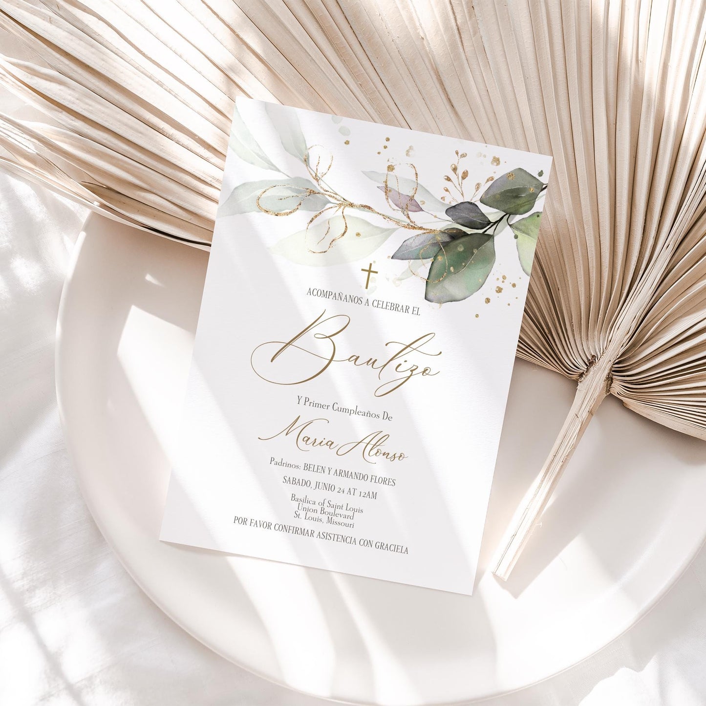 Invitacion de Bautizo, Bautizo Invitations Nino o niña, Invitación en Español, Mi Bautizo Invitation, Greenery Baptism Invitation Template
