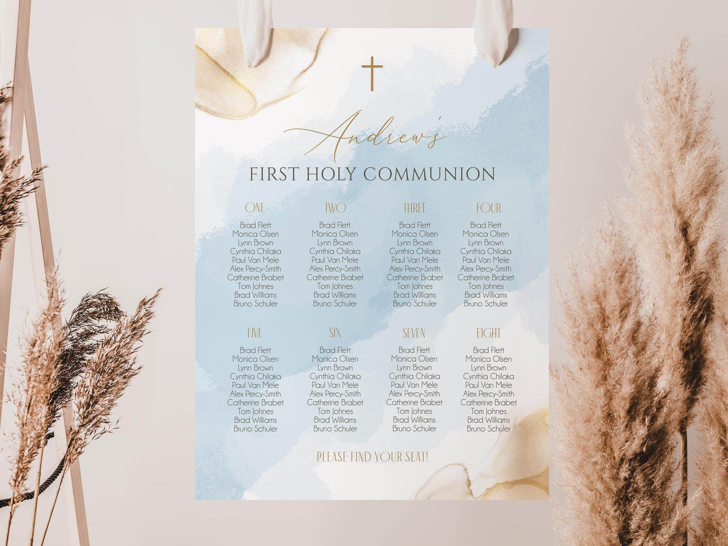 First Holy Communion Seating Chart Sign Template, Blue Gold Seating Chart, Editable Seating Chart, Boy First Communion Seating Sign Poster