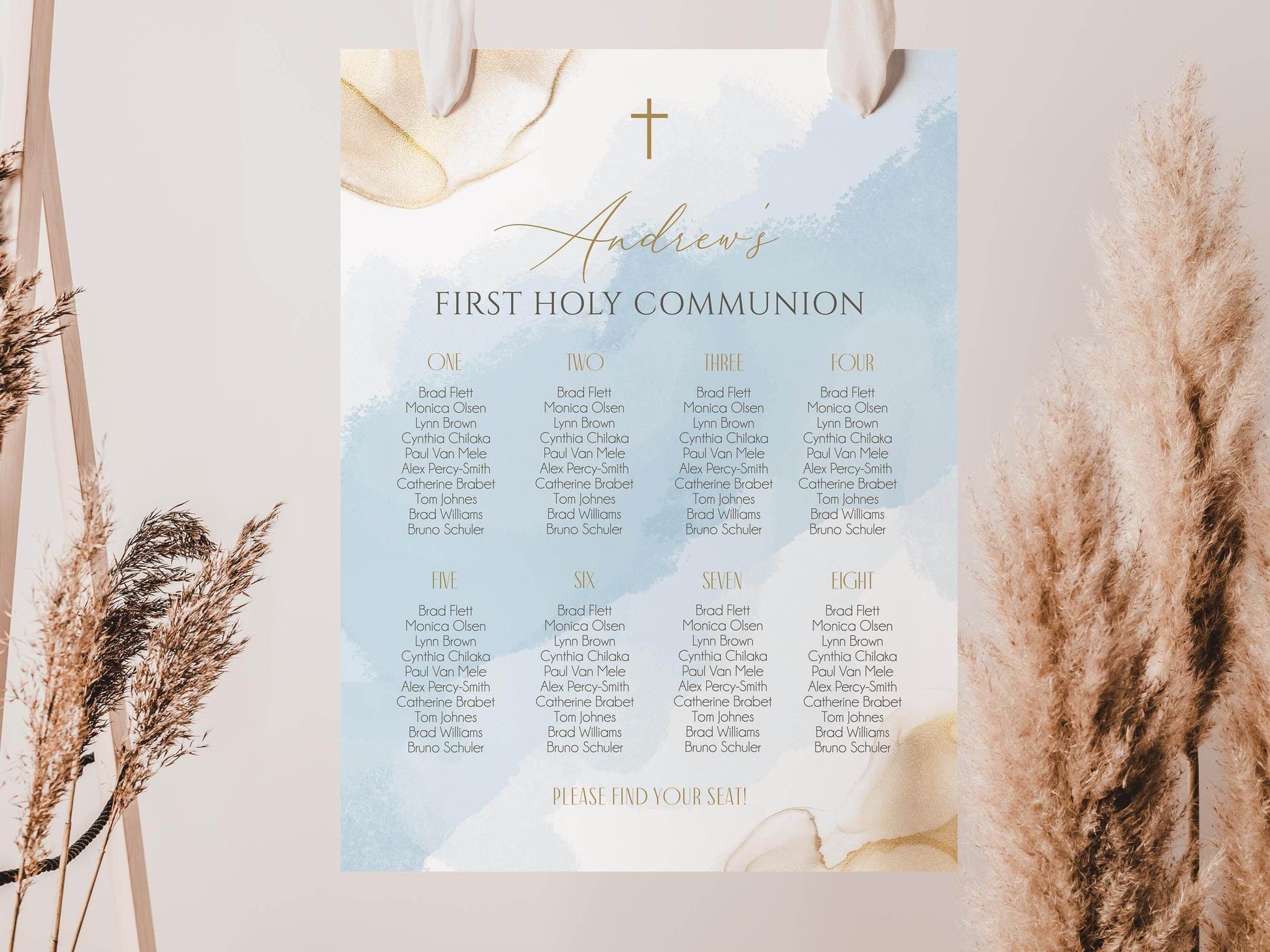 First Holy Communion Seating Chart Sign Template, Blue Gold Seating Chart, Editable Seating Chart, Boy First Communion Seating Sign Poster