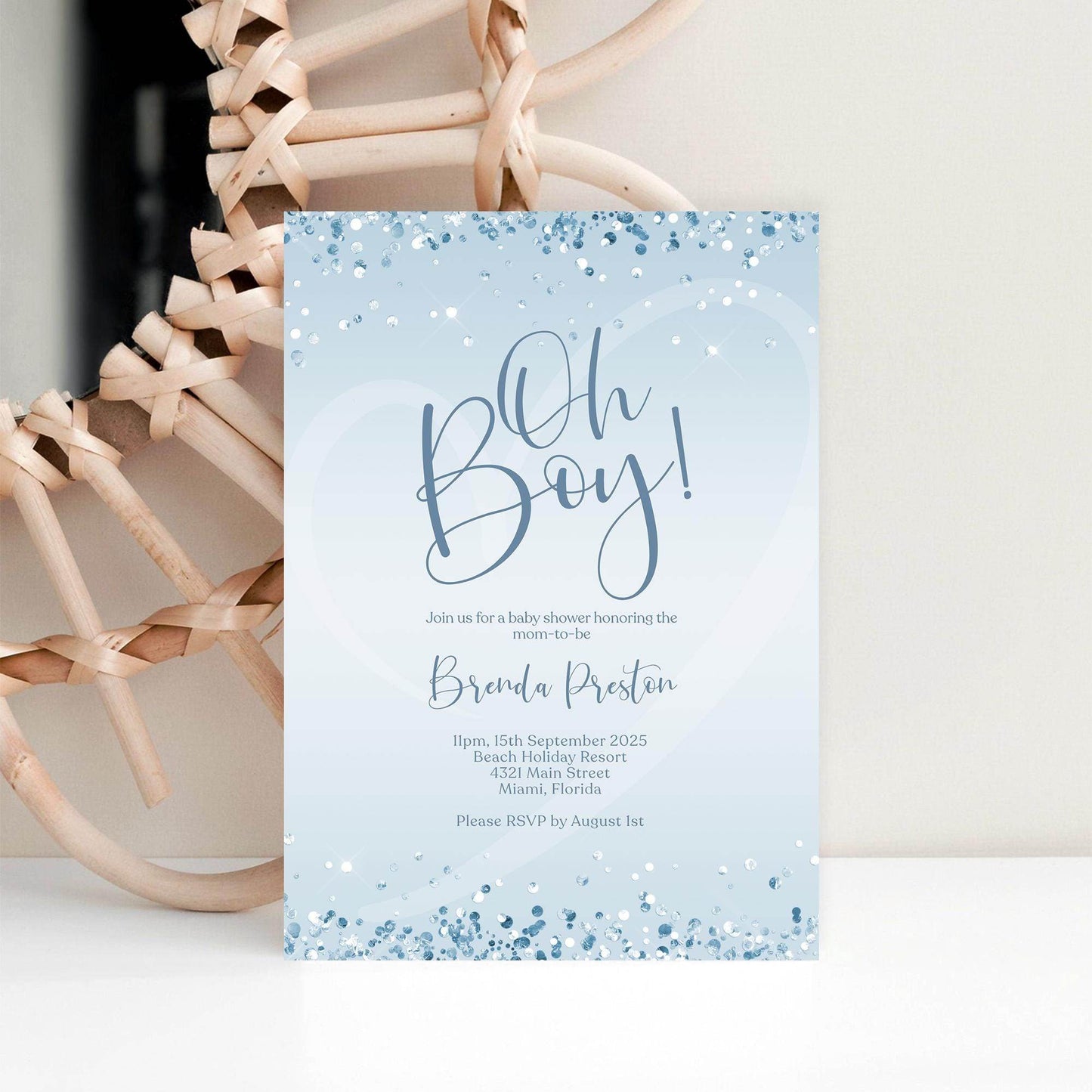 Blue Silver Oh Boy Baby Shower Invitation Template | Editable Boy Baby Shower Invite | Modern Printable Invitation | Digital Download Card