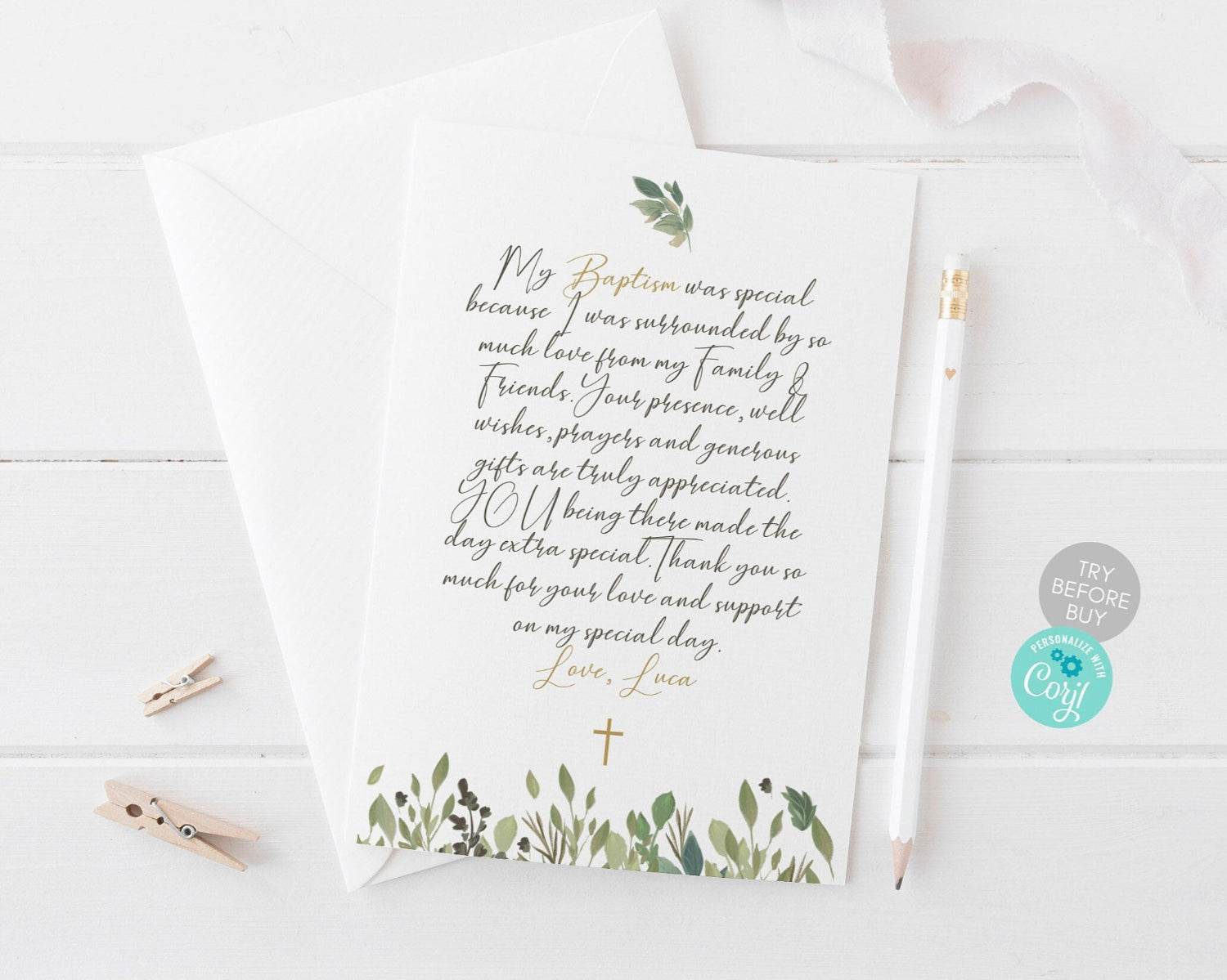 Greenery Thank You Card & Menu Template – Printable Wedding & Baptism Stationery | Editable Menu Card & Thank You Note | Instant Digital Download