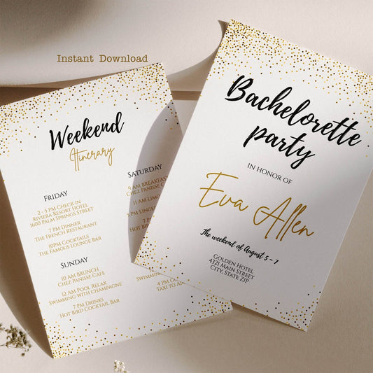Bachelorette Weekend Invitation Template – Printable Gold Sparkle Itinerary – Editable Bridal Party Invite – Instant Download DIY Bachelorette Itinerary