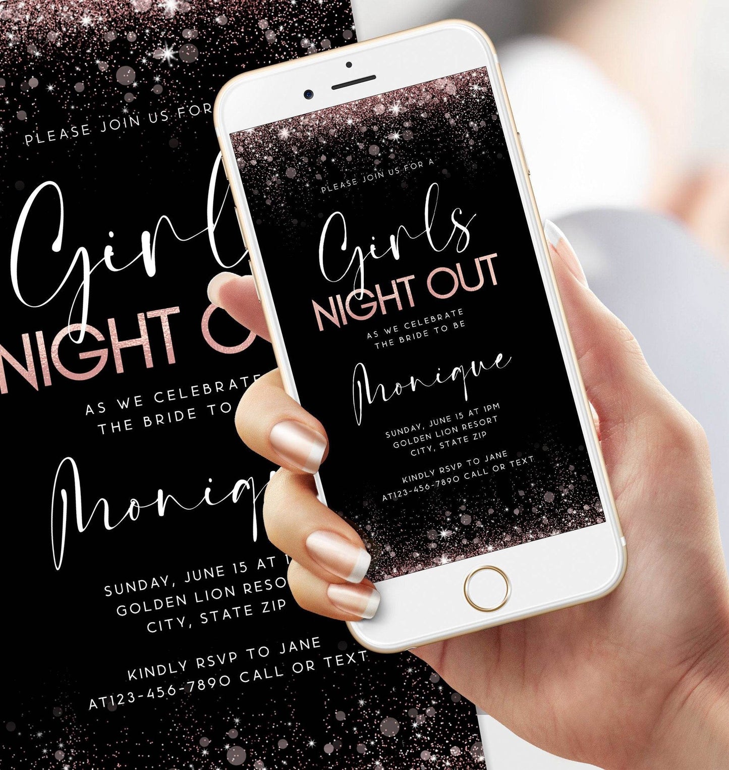 Digital Girls Night Out Black Rose Gold Party Invitation, Editable Bachelorette Invite Template, Electronic Hens Night Evite, Ladies Night Invitation, Instant Download
