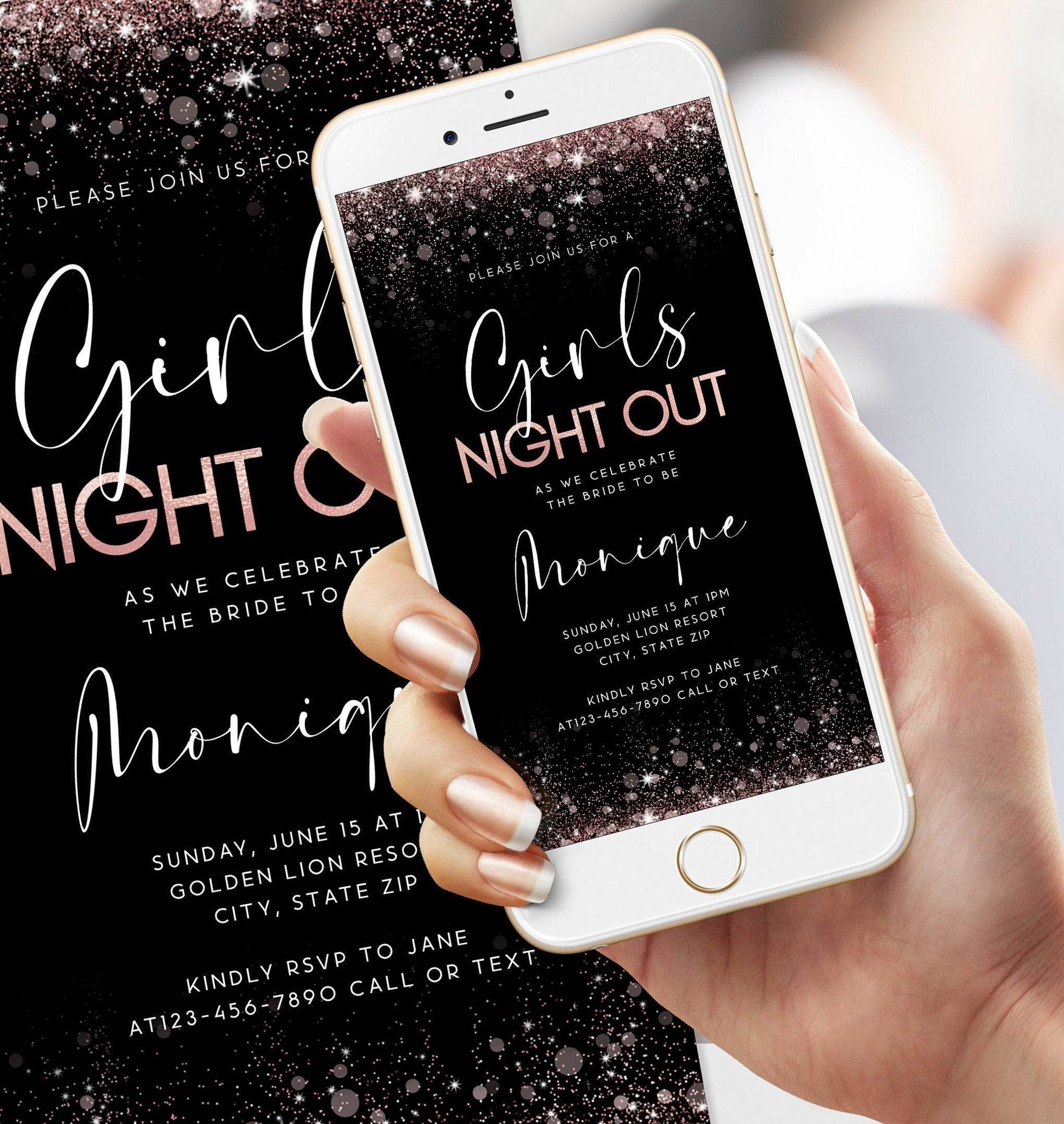 Digital Girls Night Out Black Rose Gold Party Invitation, Editable Bachelorette Invite Template, Electronic Hens Night Evite, Ladies Night Invitation, Instant Download