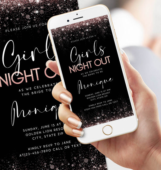 Digital Girls Night Out Black Rose Gold Party Invitation, Editable Bachelorette Invite Template, Electronic Hens Night Evite, Ladies Night Invitation, Instant Download
