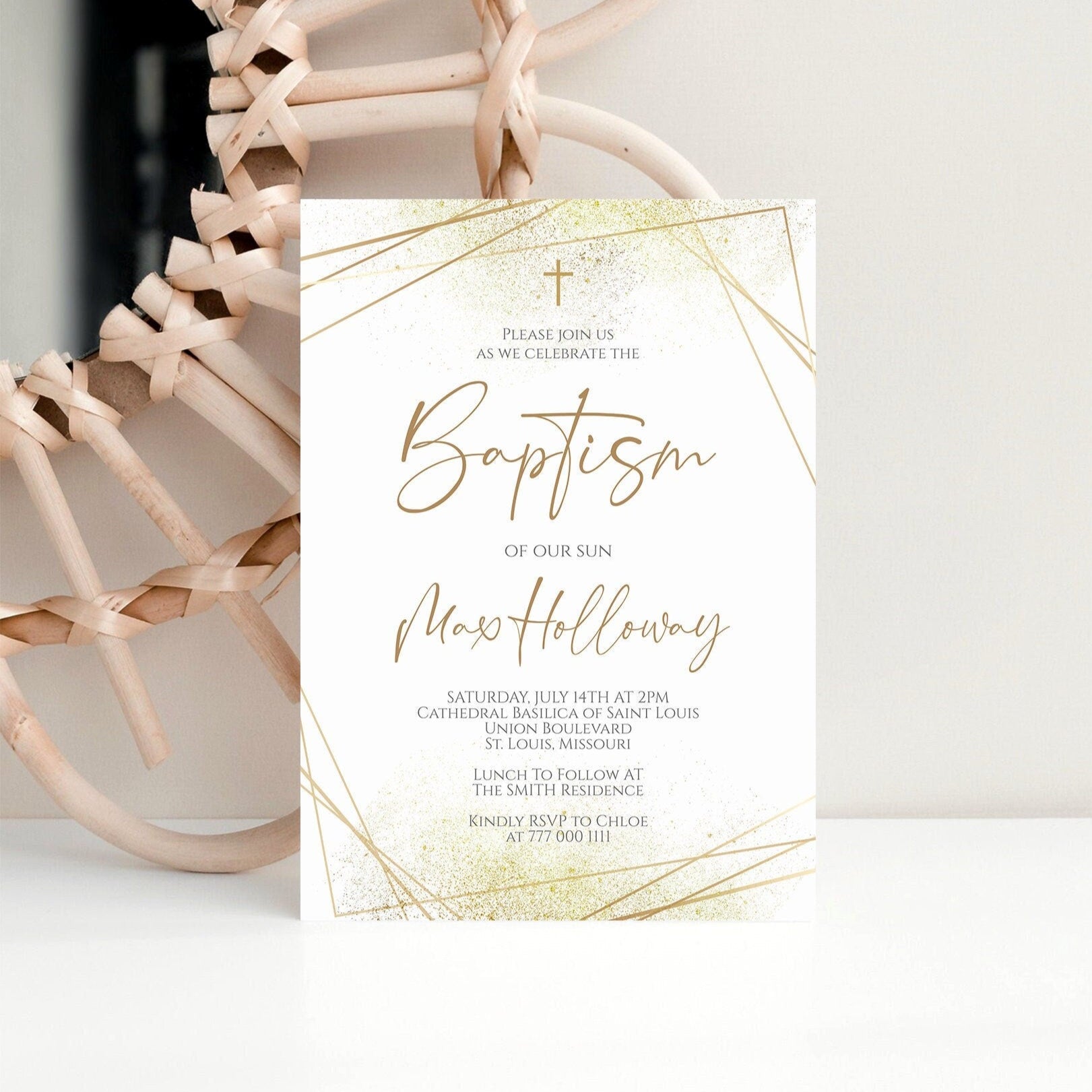 Elegant Gold Geometric Baptism Invitation, Gold Baptism Template, Printable Baptism Invite, Editable Christening Template, Instant Download
