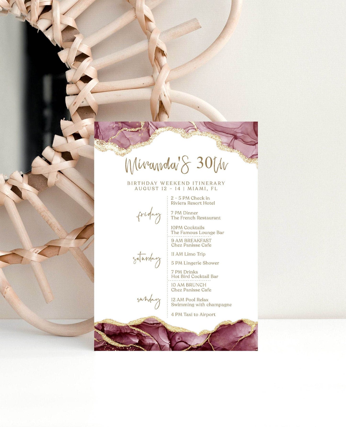Printable Burgundy Gold Birthday Weekend Itinerary Template, Editable 30th Birthday Schedule, Weekend Planning Program, Instant Download