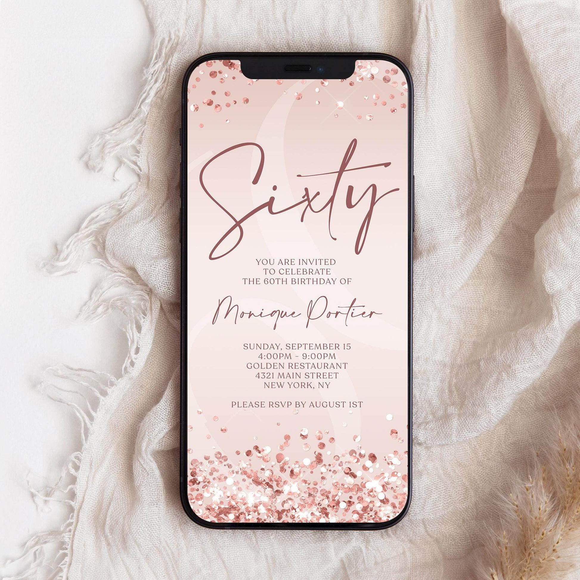 Digital 60th Birthday Invitation Template, Rose Gold Confetti Evite, Editable Sixty Phone Invite, Text Message Birthday, Instant Download