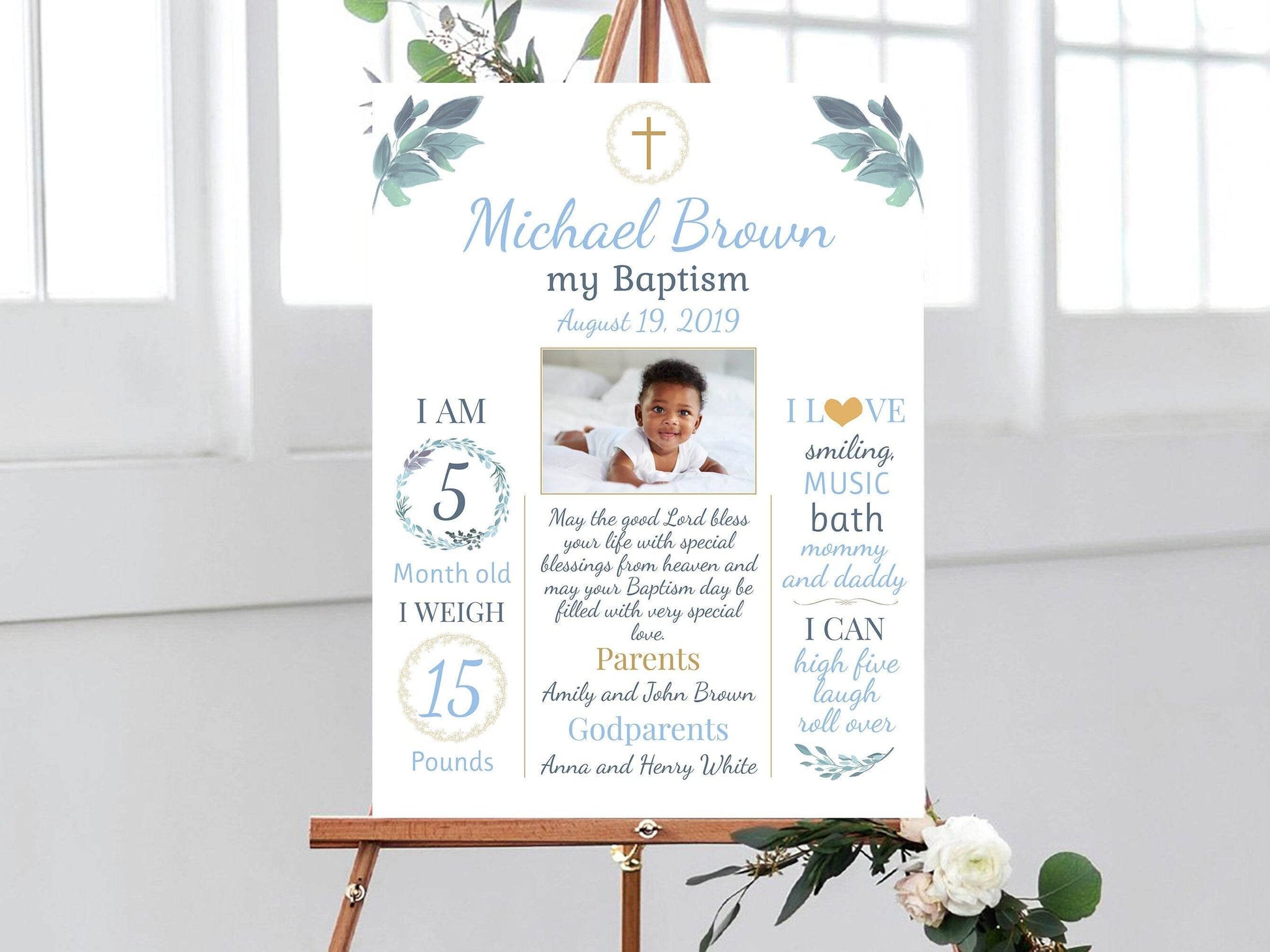 Baptism Milestone Sign, Blue Greenery Baptism Chalkboard Sign, Gold Baptism Decorations, Baptism Poster Boy Baptism Board Printable Editable