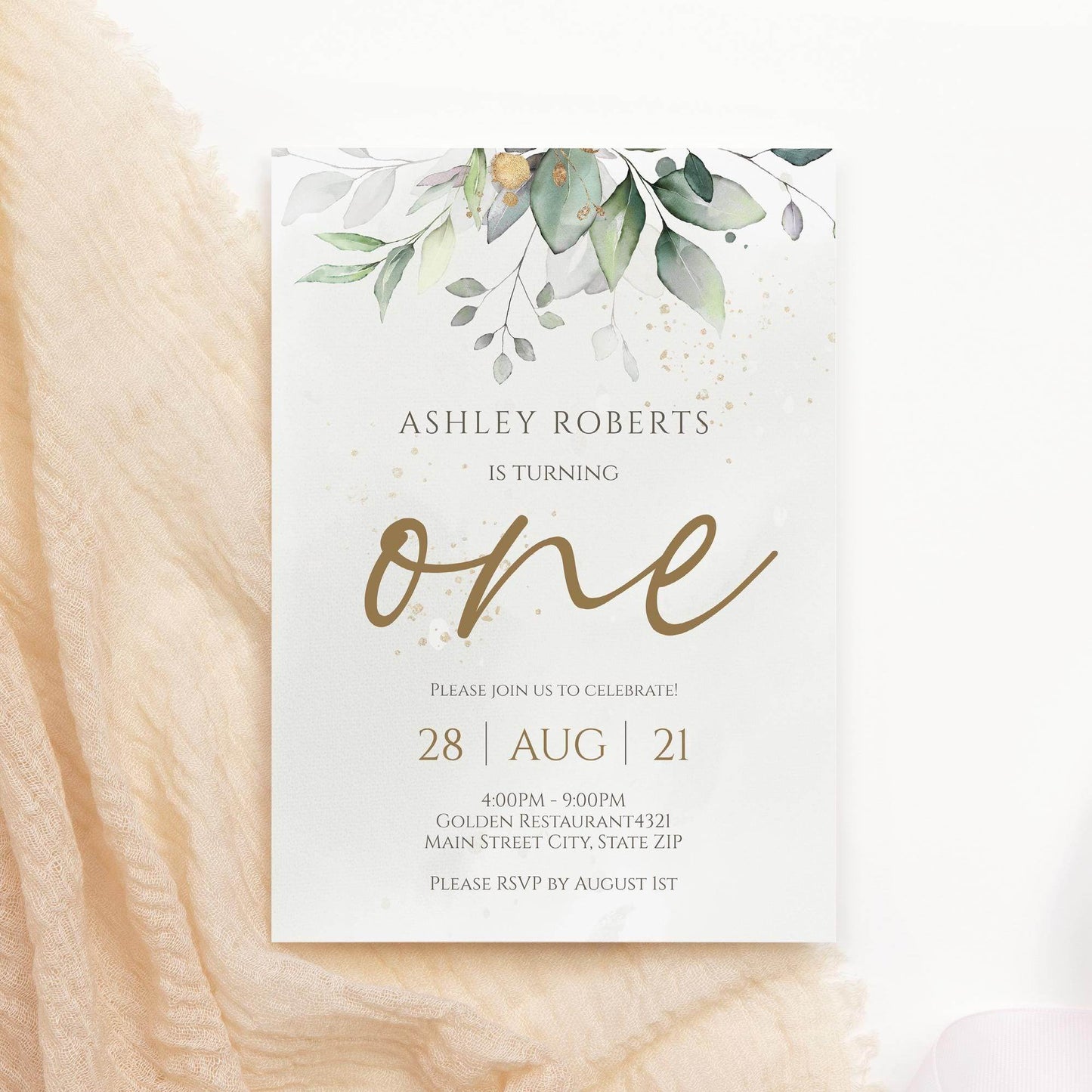 Baby One First Birthday Invitation Template, Editable Greenery Eucalyptus Boho Invite, Printable 1st Birthday Card, Instant Download