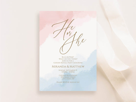 Printable Gender Reveal Invitation Template, He or She Neutral Baby Shower Invite, Boy or Girl Editable Invitation, Pink Blue Watercolor