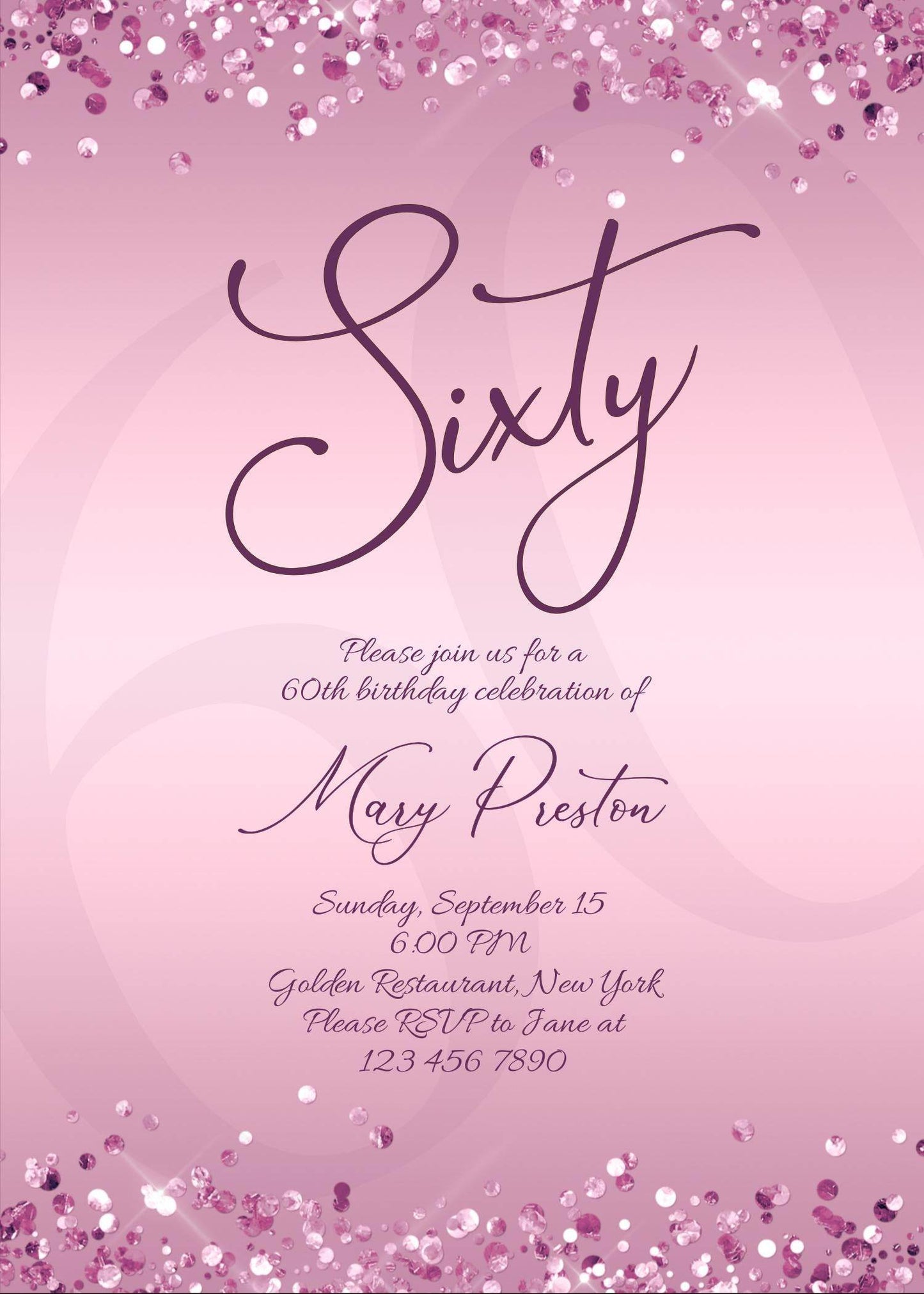 Editable 60th Birthday Invitation Template for Women, Printable Purple Gold Birthday Party Invite, Luxury Lavender Birthday Dinner Card, Email Text Message Evite, Instant Download