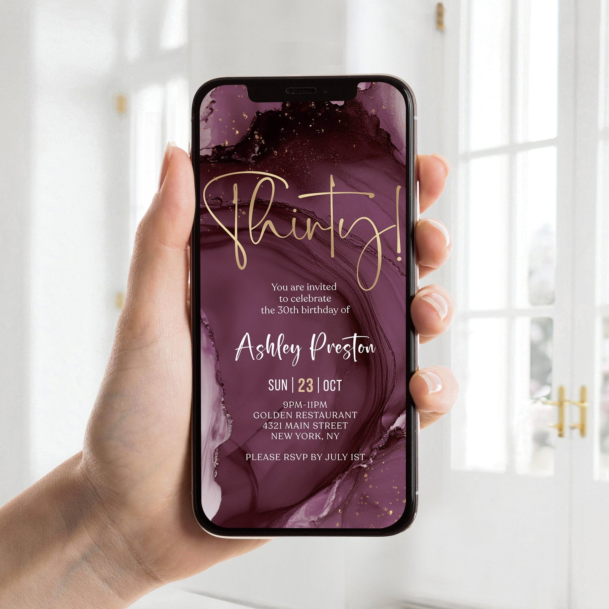 Purple Gold Thirty 30th Birthday Invitation Template, Digital Any Gender Invite, Electronic Self Editable Template eCard, Text Message Evite