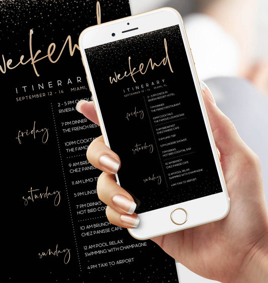 Black Gold Electronic Weekend Itinerary Template – Editable Digital Schedule for Birthday, Bachelorette, or Wedding | DIY Text Message Itinerary | Instant Download