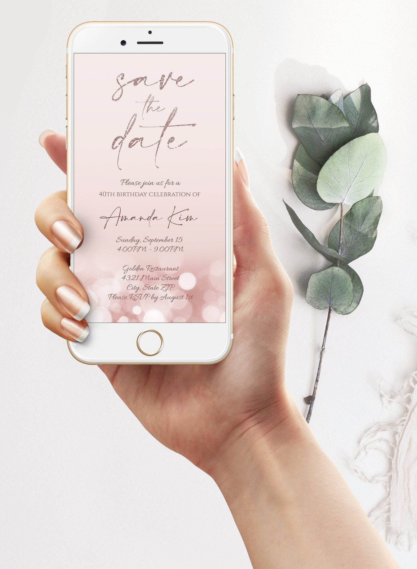 Electronic Save the Date Rose Gold Glitter Evite, Editable Birthday Invitation Template, Text Message Invite, Phone Invite, Instant Download