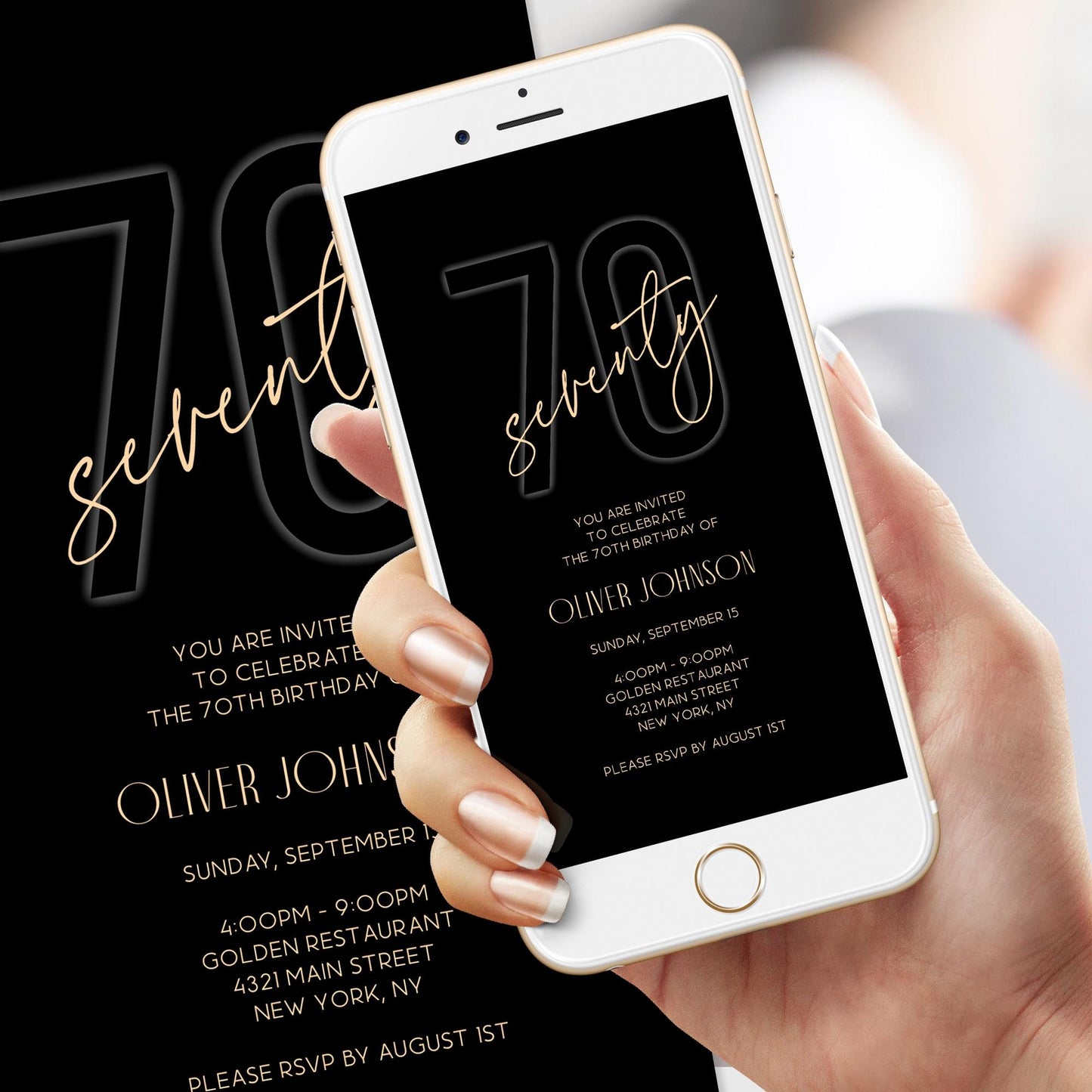 Electronic Black Gold 70th Seventy BIRTHDAY Invitation Evite, Phone Email text message invite, Editable Template, Digital Mens Invite DIY