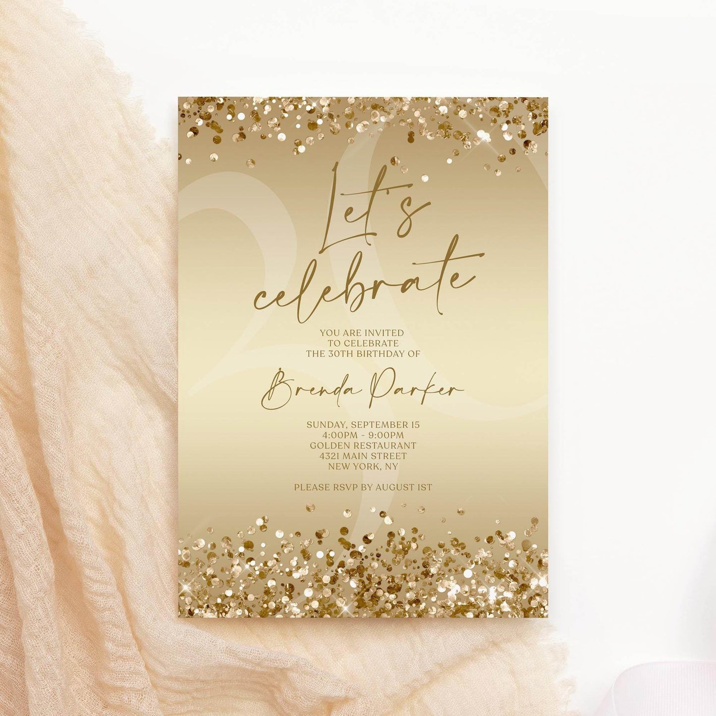 Let’s Celebrate Gold Birthday Invitation Template, Printable Confetti Invite, Editable Any Age Text Message Birthday Evite, Instant Download