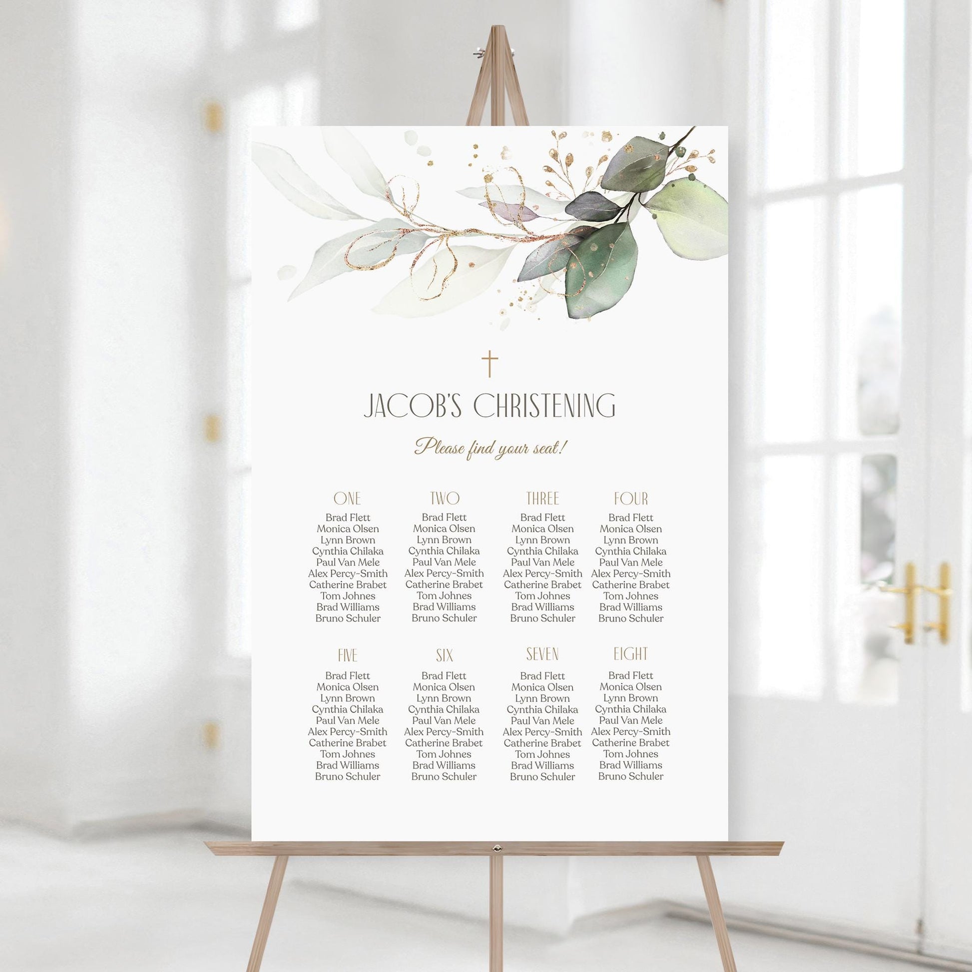 Editable Christening Seating Chart Sign Template, Greenery Seating Table Plan Sign, Printable Baptism Seating Chart, Boy or Girl Christening