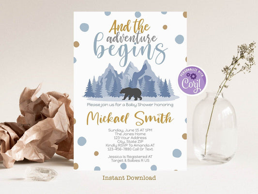 Adventure Begins Bear Baby Shower Invitation, Boy Adventure Baby Shower Invite, Mountain Baby Sprinkle DIY Template, Editable Instant Download