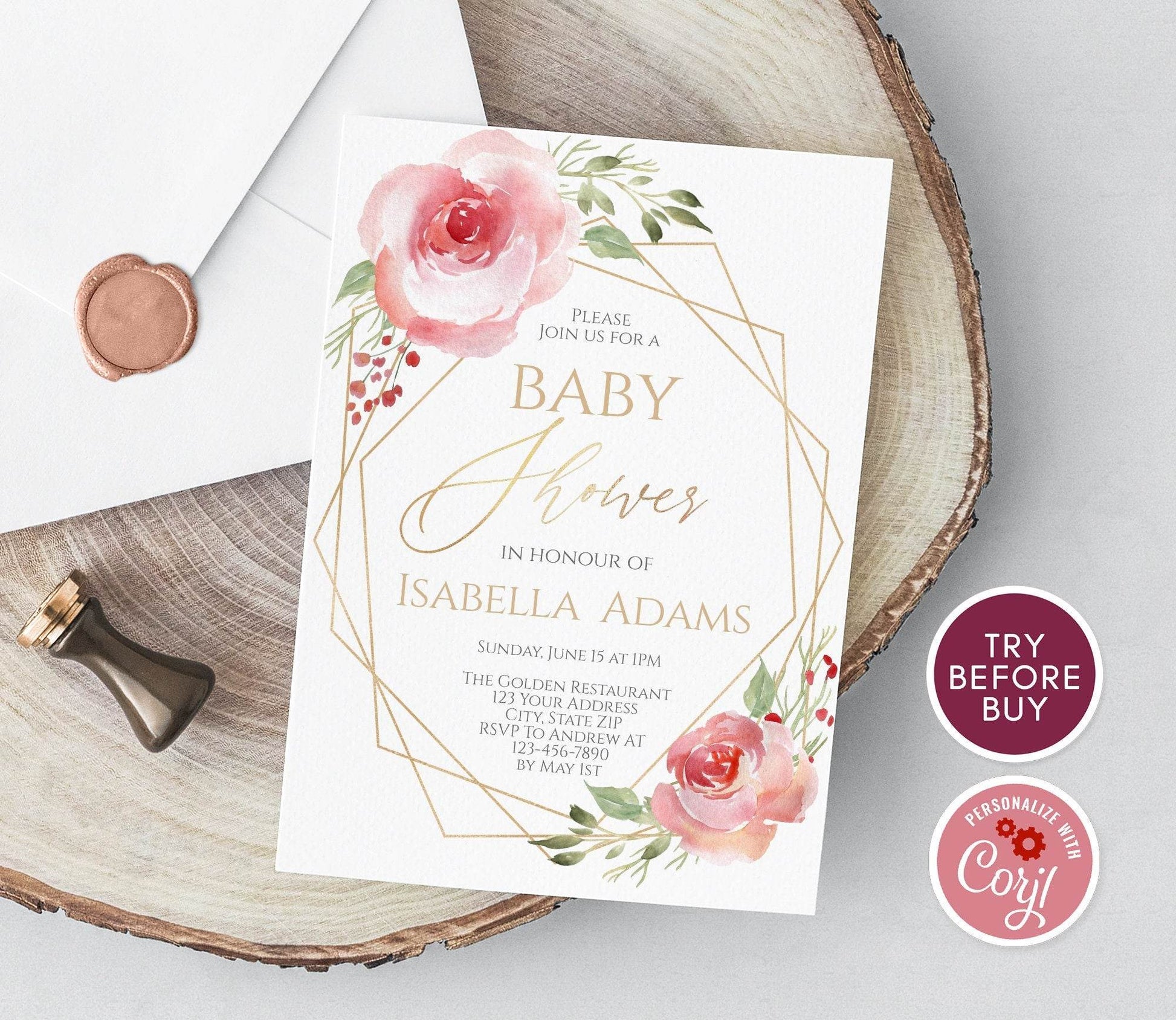 Blush Floral Baby Shower Invitation Template, Gold Geometric Girl Baby Sprinkle Invite, Editable Digital Download, Printable Invite