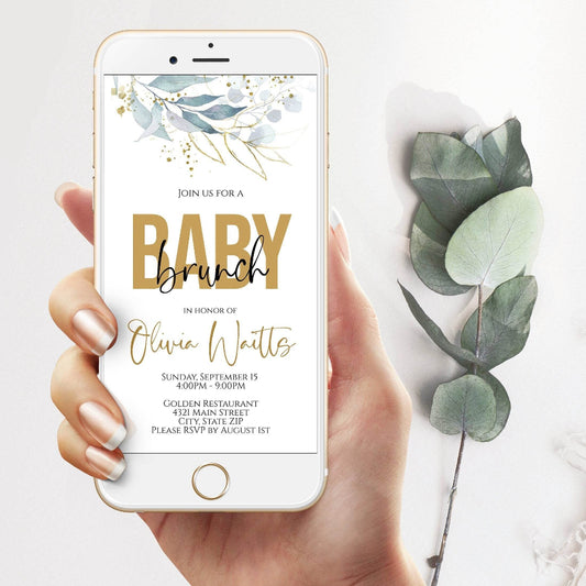 Editable Digital Baby Brunch Invitation, Greenery Baby Shower Evite Template, Text Message Invite, Instant Download Electronic Card