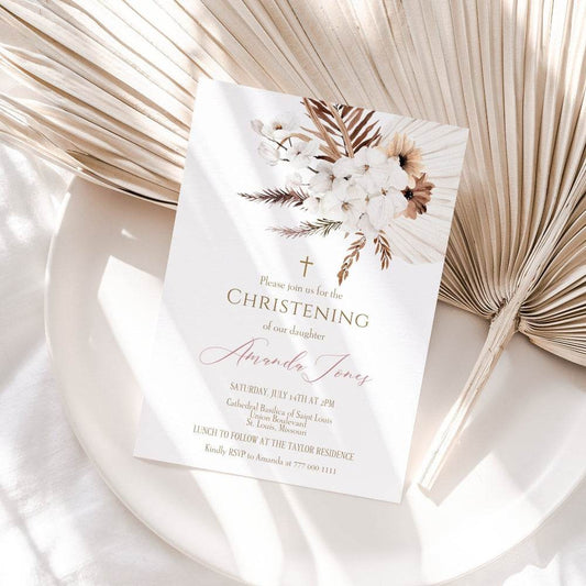 Printable Girl’s Christening Invitation – Boho Pink Baptism Invitation Template | Editable Baptismal Invite for Baby Girl | Instant Download