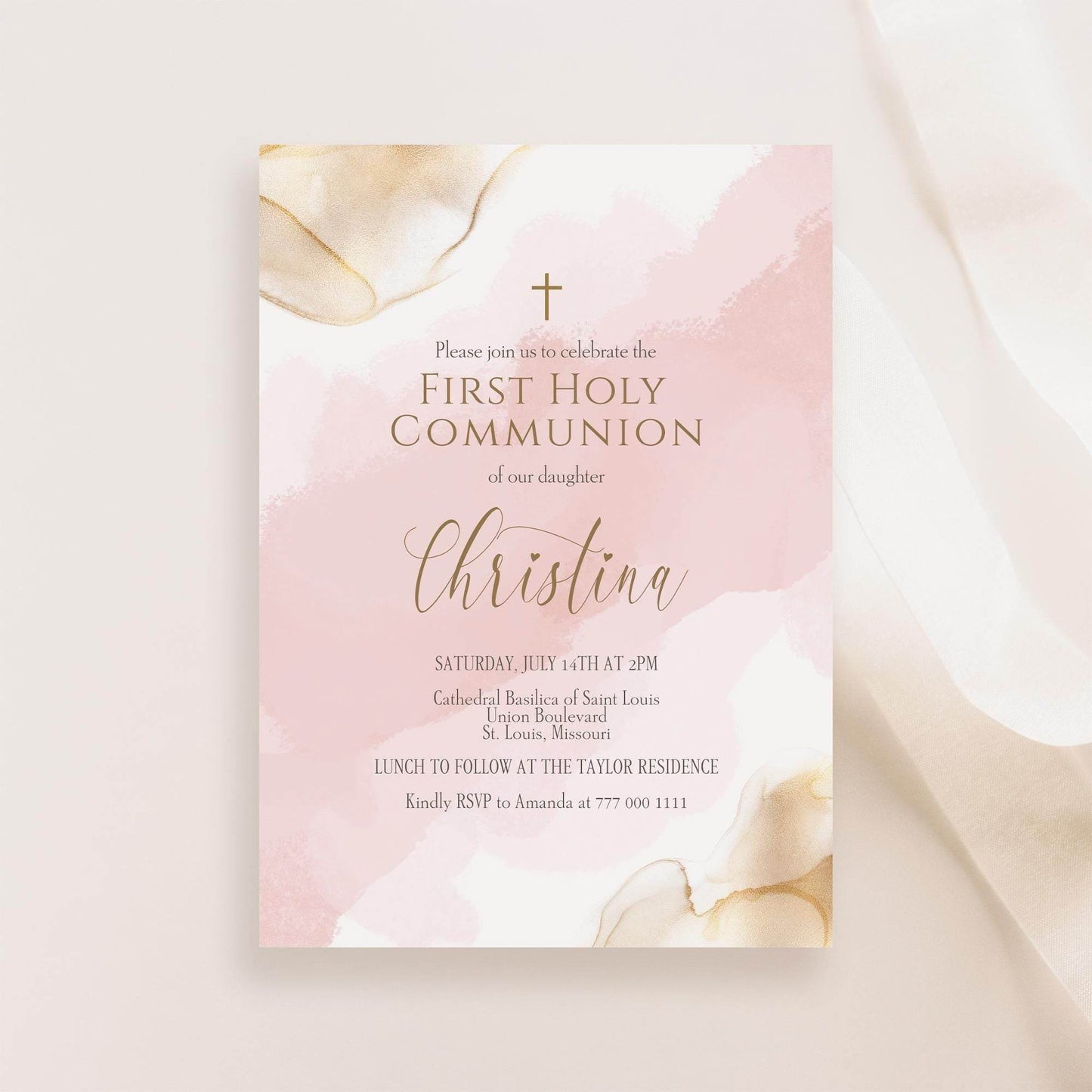 Girl First Communion Invitation Template, Printable Pink Gold Watercolor First Holy Communion Invite, Editable Card, Digital Text Evite Download