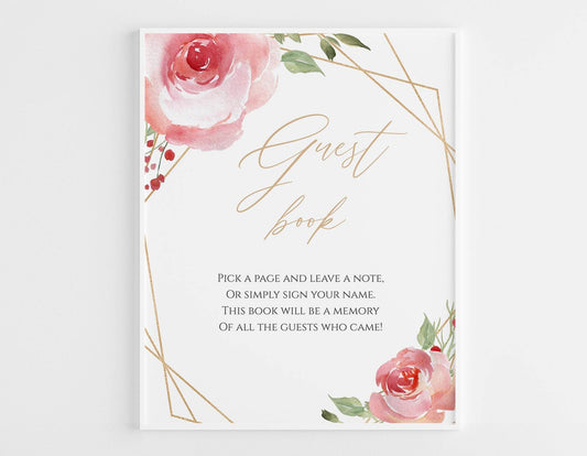 Baby Shower Guest Book Sign, Printable Party Guest Book Sign, Blush Pink Floral Guest Book, Gold Geometric Sign, Girl, Boho Sign Download