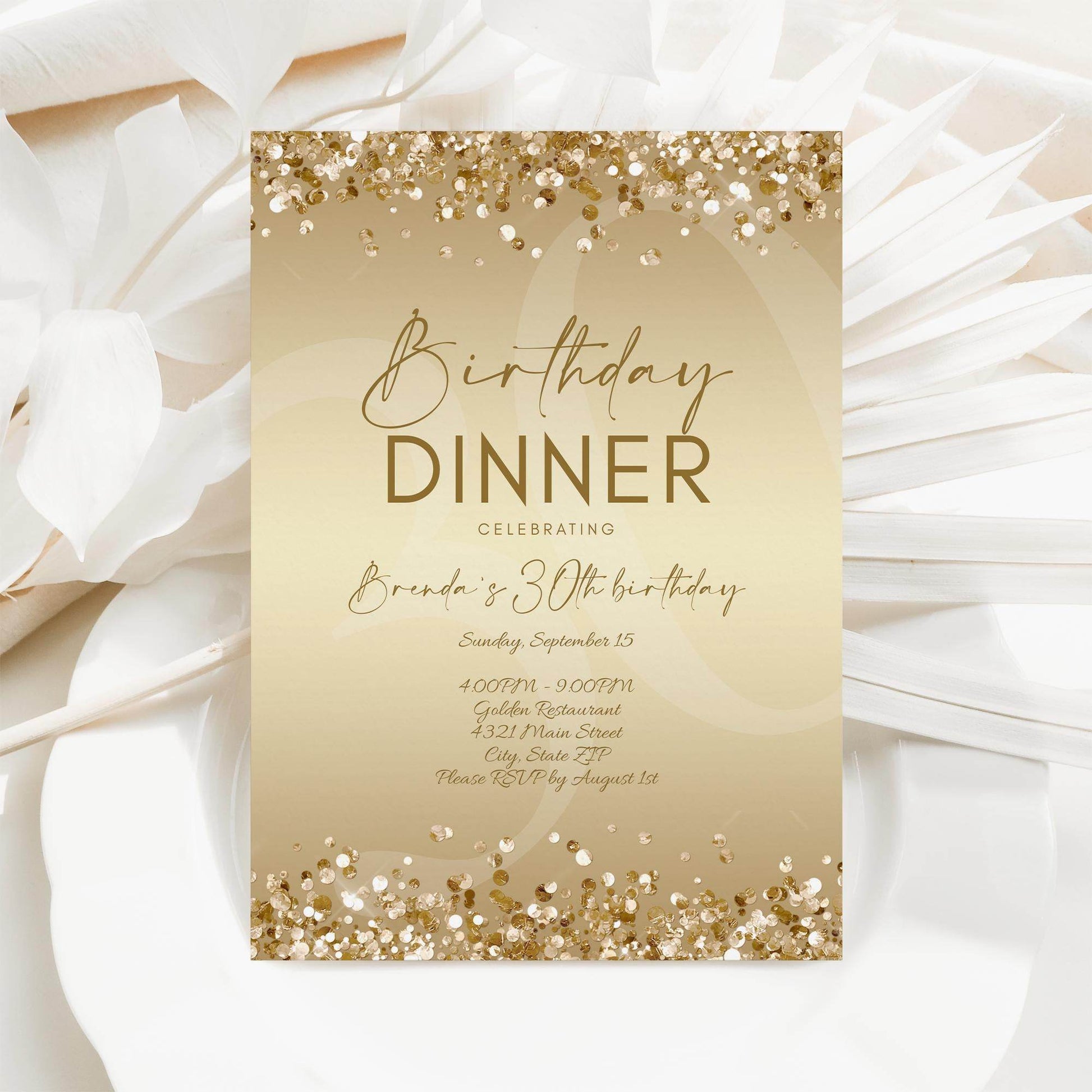 Gold Birthday Dinner Invitation Template Printable, Editable Gold Birthday Dinner Invite, Any Age Birthday, Email Text Message Invitation
