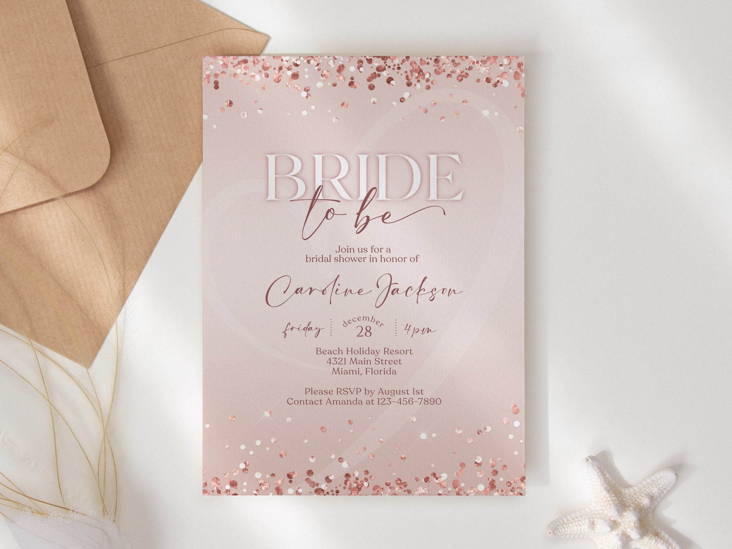 Editable Bride-to-Be Invitation Template – Blush Pink & Rose Gold Confetti Bridal Shower Invite | Digital Text or Email Evite | Instant Download