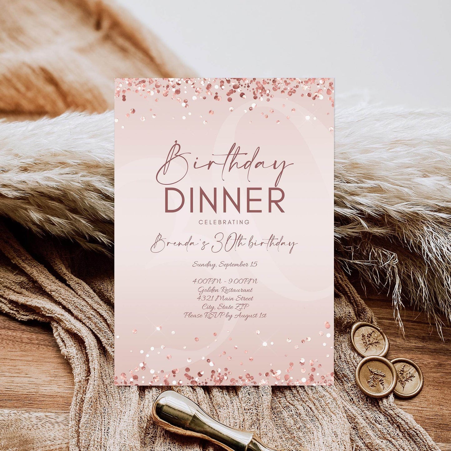 Birthday Dinner Invitation Template Printable, Editable Rose Gold Birthday Dinner Invite, Any Age Birthday, Email Text Message Invitation
