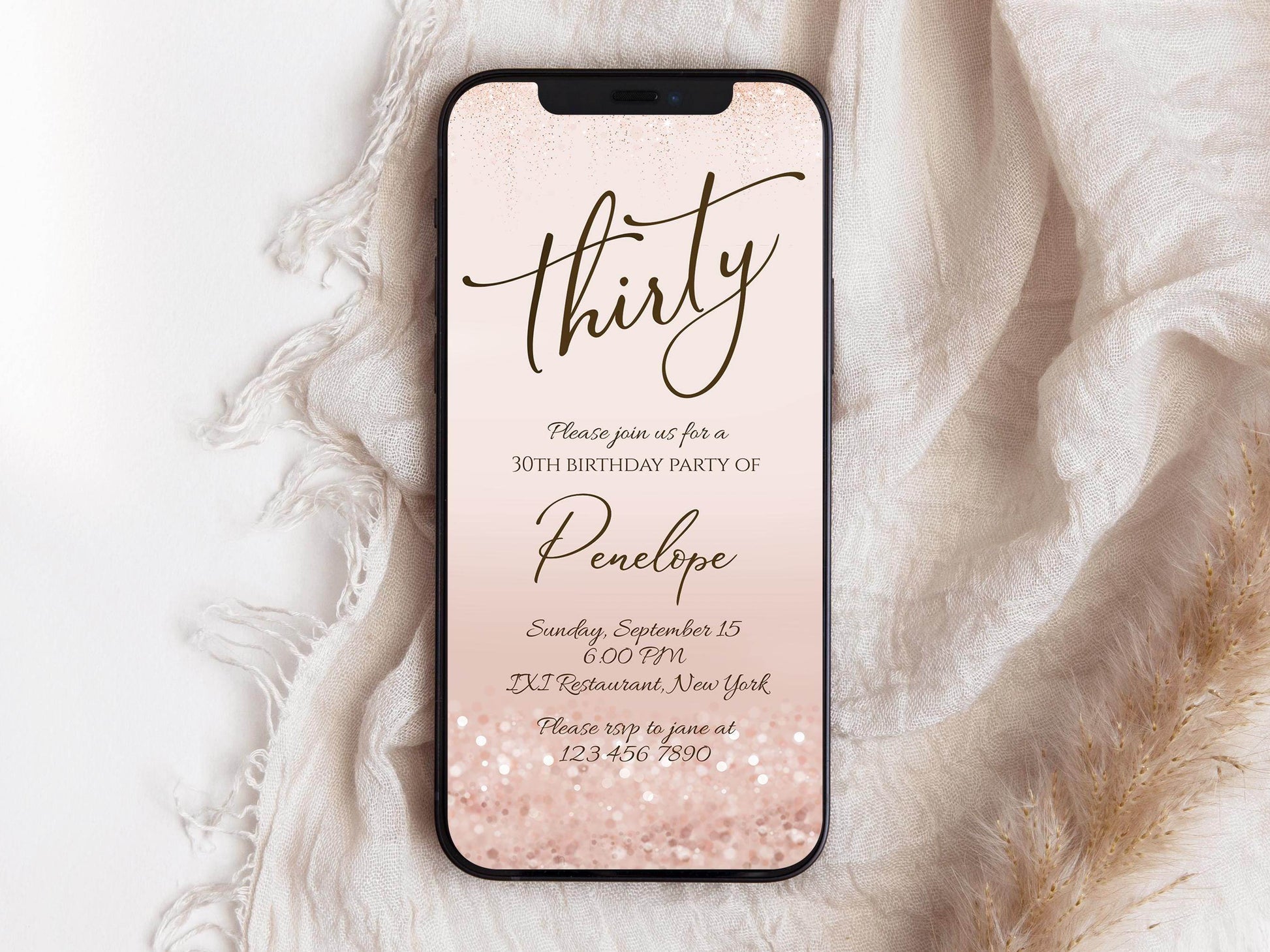 30th Birthday Invitation Template | Rose Gold Digital Invite | Editable Pink Text Message Evite | Electronic Thirty Birthday Phone Card | Instant Download