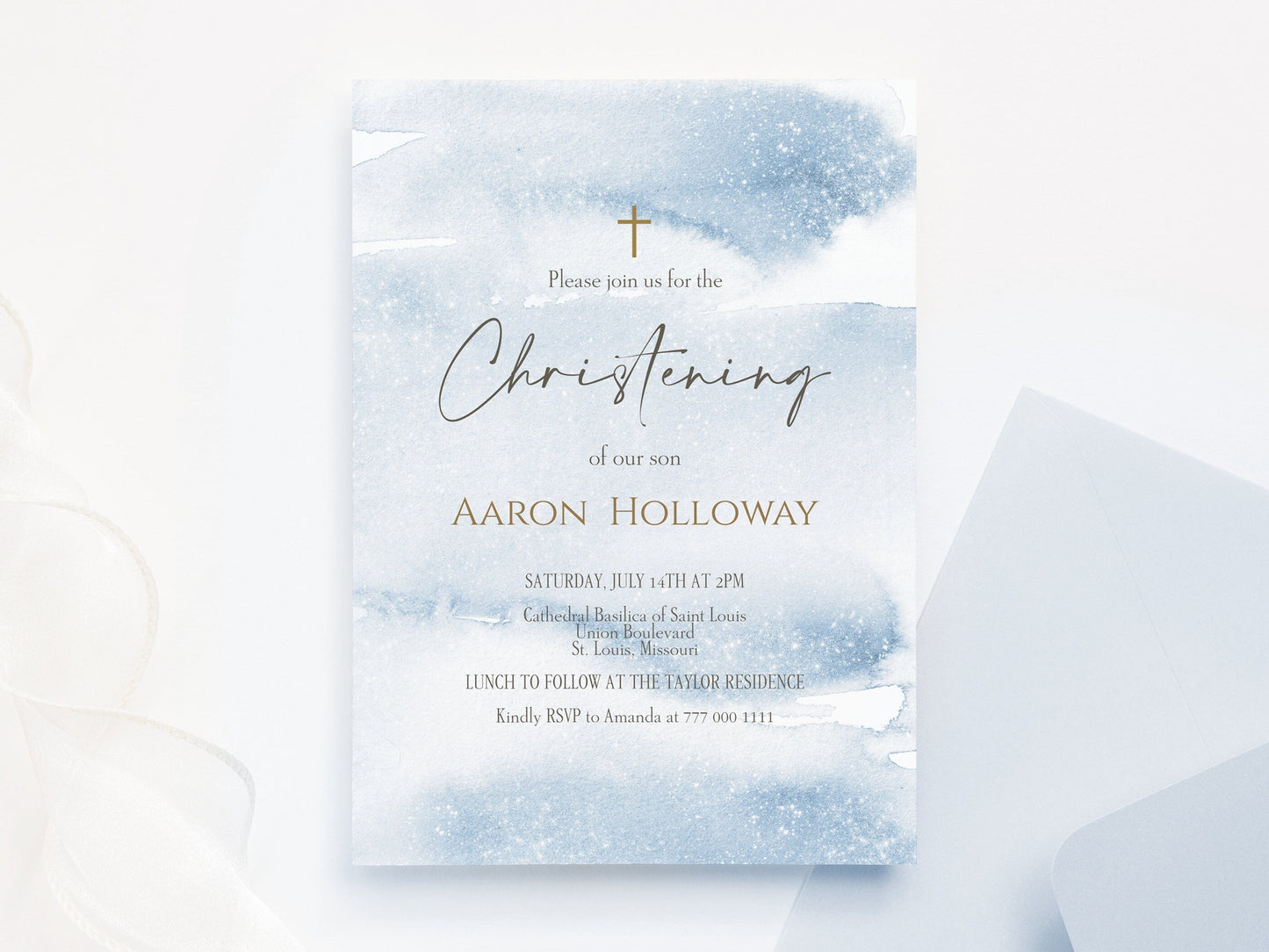 Printable Christening Boy Invitation, Blue Boy Christening Invite Template, Blue Gold Watercolor, Editable Baptism, Modern Digital Template
