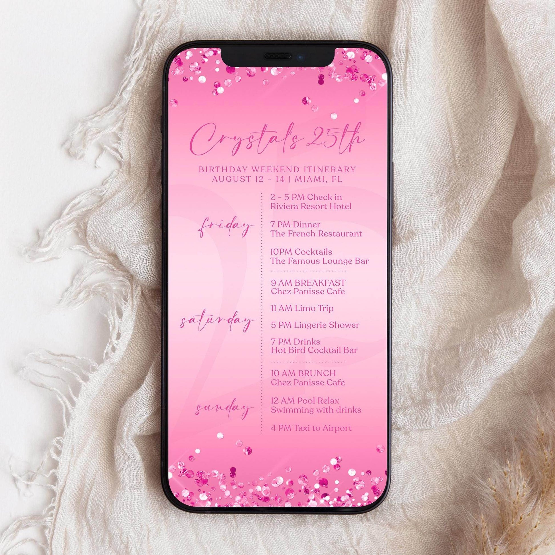 Electronic Pink Birthday Weekend Itinerary Template – Editable Fuchsia Event Schedule | Digital Birthday Itinerary Evite | Text Message Invite | Instant Download