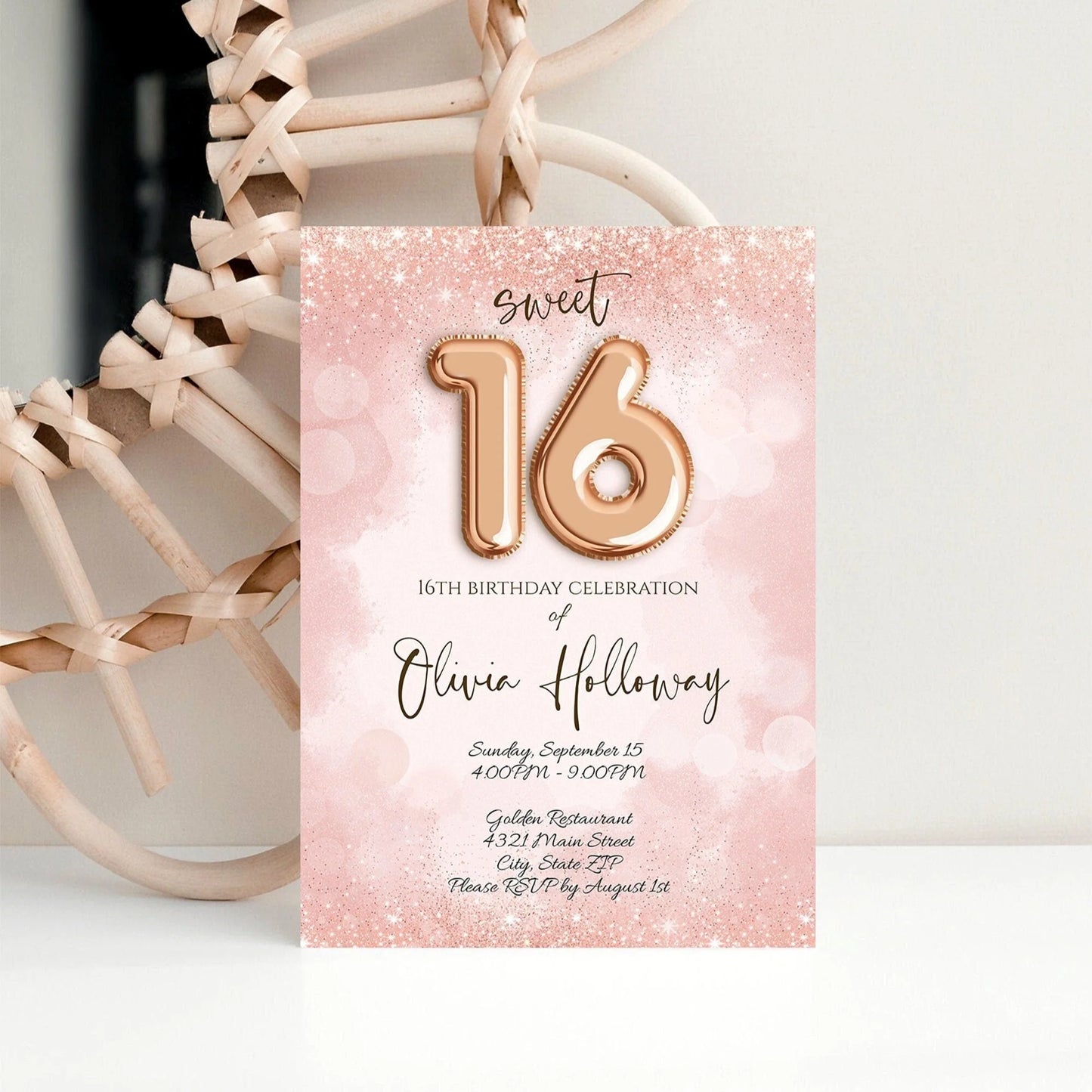 Sweet 16 Birthday Party Invitation Rose Gold Pink Party Printable Invitation, Editable Template Sweet Sixteen Invite, Balloon Birthday Party