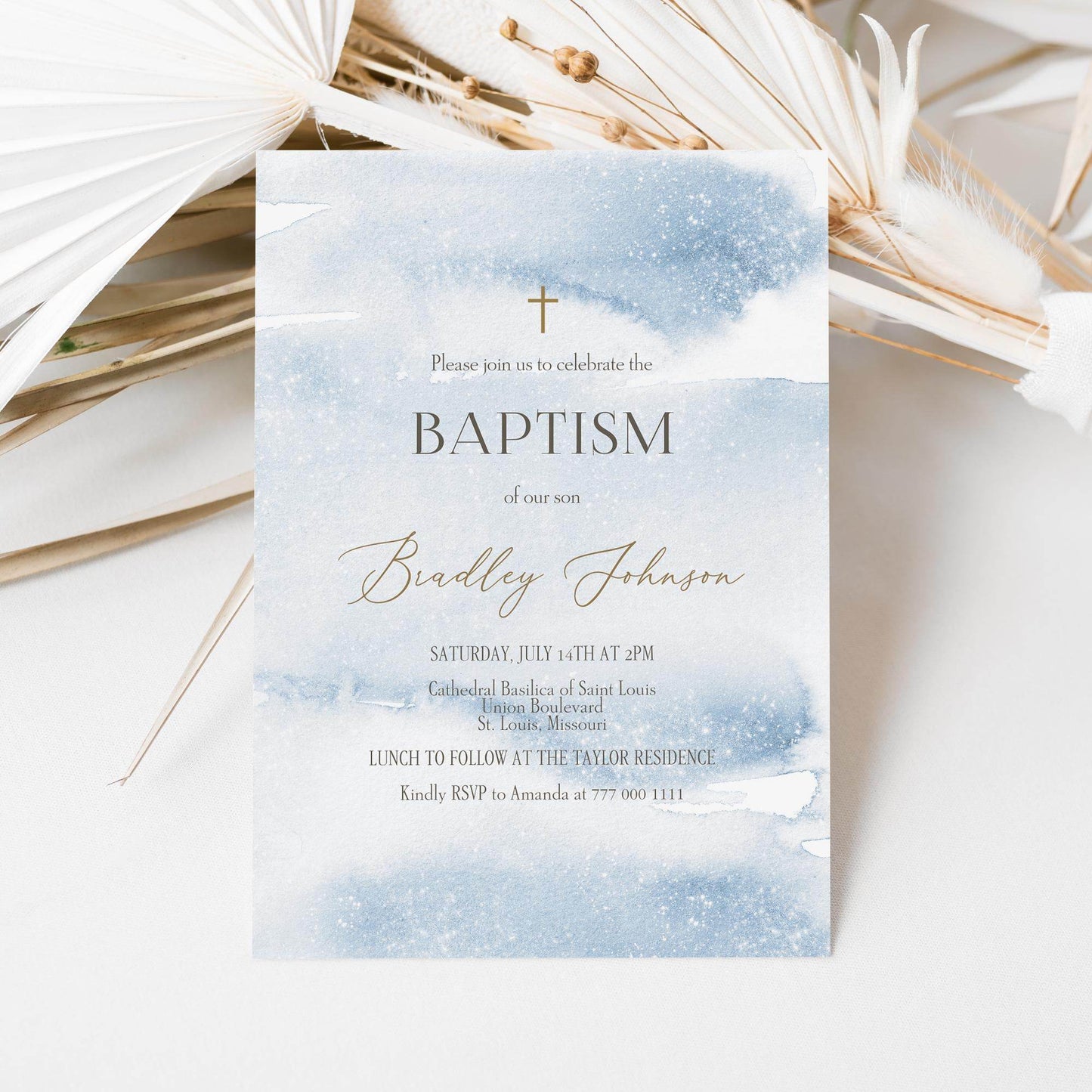 Boy Baptism Invitation Template | Blue Watercolor Editable Invite | Printable Christening Invitation | Text Message or Email | Instant Download