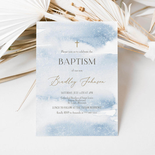 Boy Baptism Invitation Template | Blue Watercolor Editable Invite | Printable Christening Invitation | Text Message or Email | Instant Download