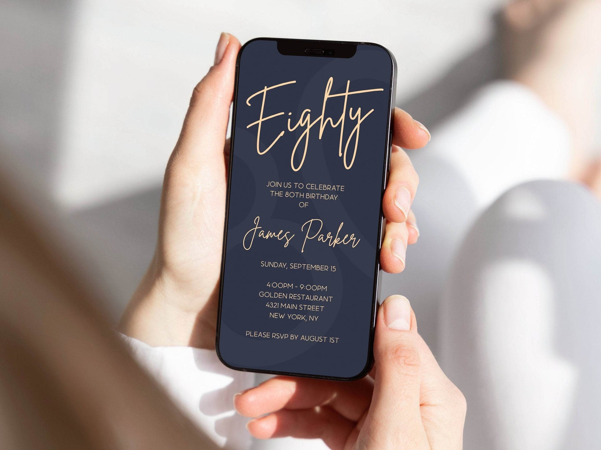 Navy Gold 80th Birthday Invitation Template, Digital Men’s Birthday Evite, Editable Text Message Invite, Electronic Eighty Invite