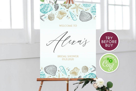 Beach Theme Bridal Shower Welcome Sign, Nautical Blue Gold Marine Sign, Under the Sea Bridal Shower Poster, Instant Download Printable