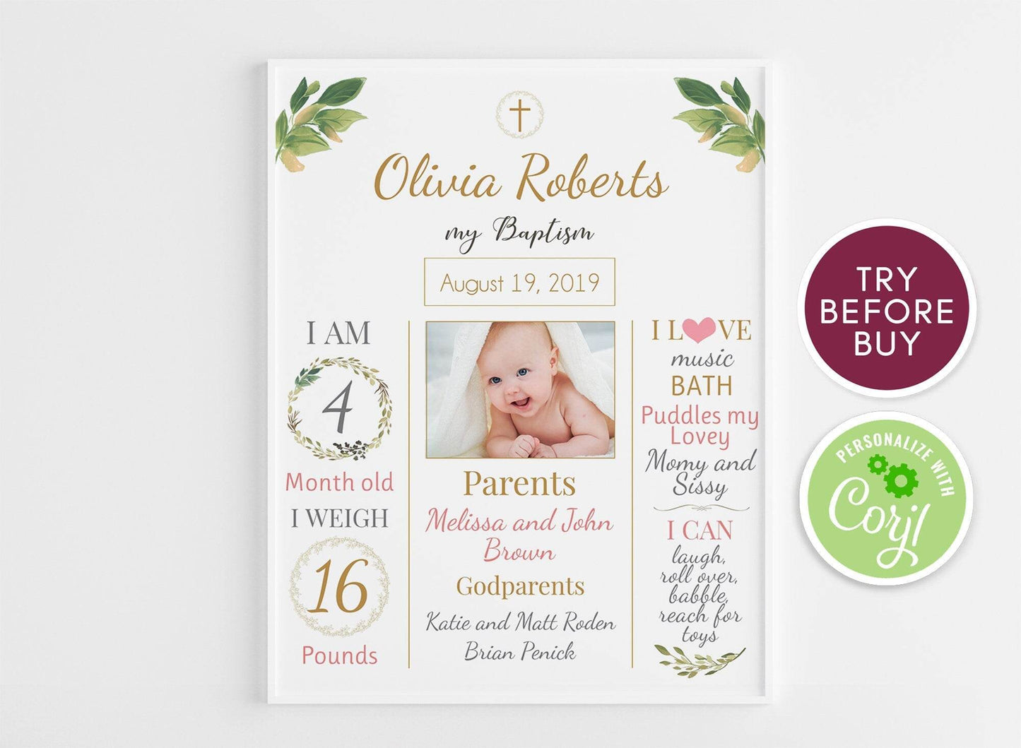 Baptism Milestone Sign with Photo | Editable Greenery & Gold Chalkboard Poster | Printable Baptism Board for Boy or Girl | Instant Download