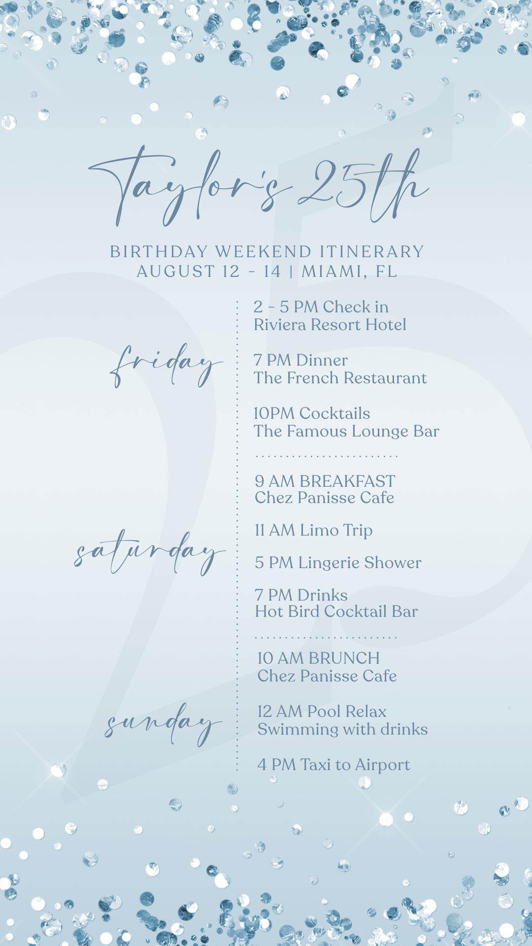 Electronic Birthday Weekend Itinerary Template, Blue Silver Birthday Itinerary, Digital Birthday Weekend Schedule, Editable Itinerary Invite