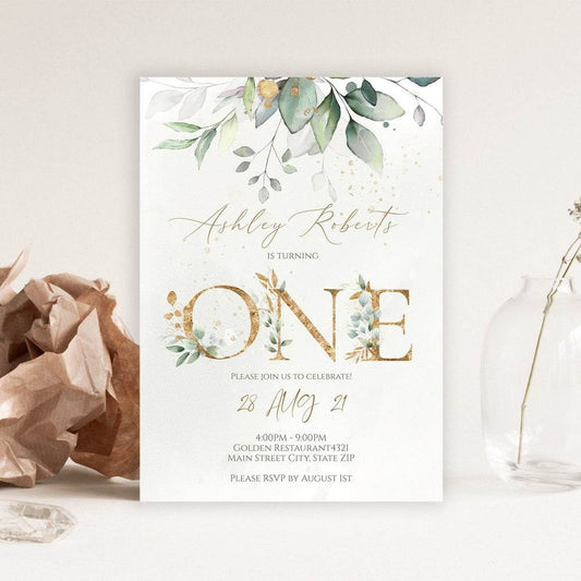 Printable First Birthday Invitation – Greenery Baby One Invite | Boho Eucalyptus Birthday Party Template | Editable Instant Download