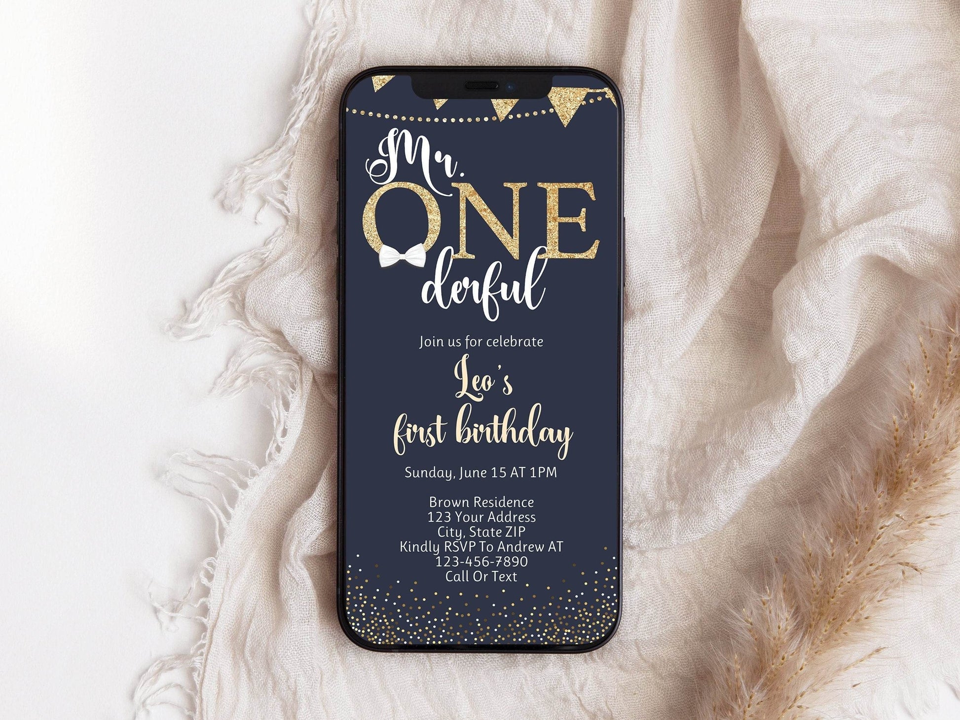 Navy Mr. ONEderful Birthday Invitation, Editable First Birthday Digital Invite, Boy 1st Birthday Evite Template, Text Message Download