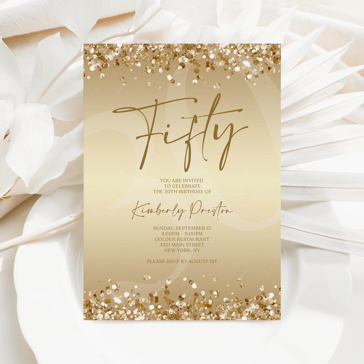 Gold 50th Birthday Invitation Template, Editable Fifty Surprise Party Evite, Digital Gold Invite for Women, Email Text Message Download
