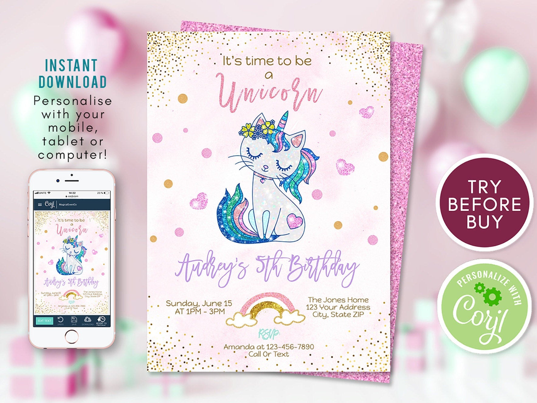 Magical Unicorn Invitation, Gold Glitter Kitty Cat Unicorn Invite, Printable Editable Rainbow Birthday Invitation, Digital Instant Download