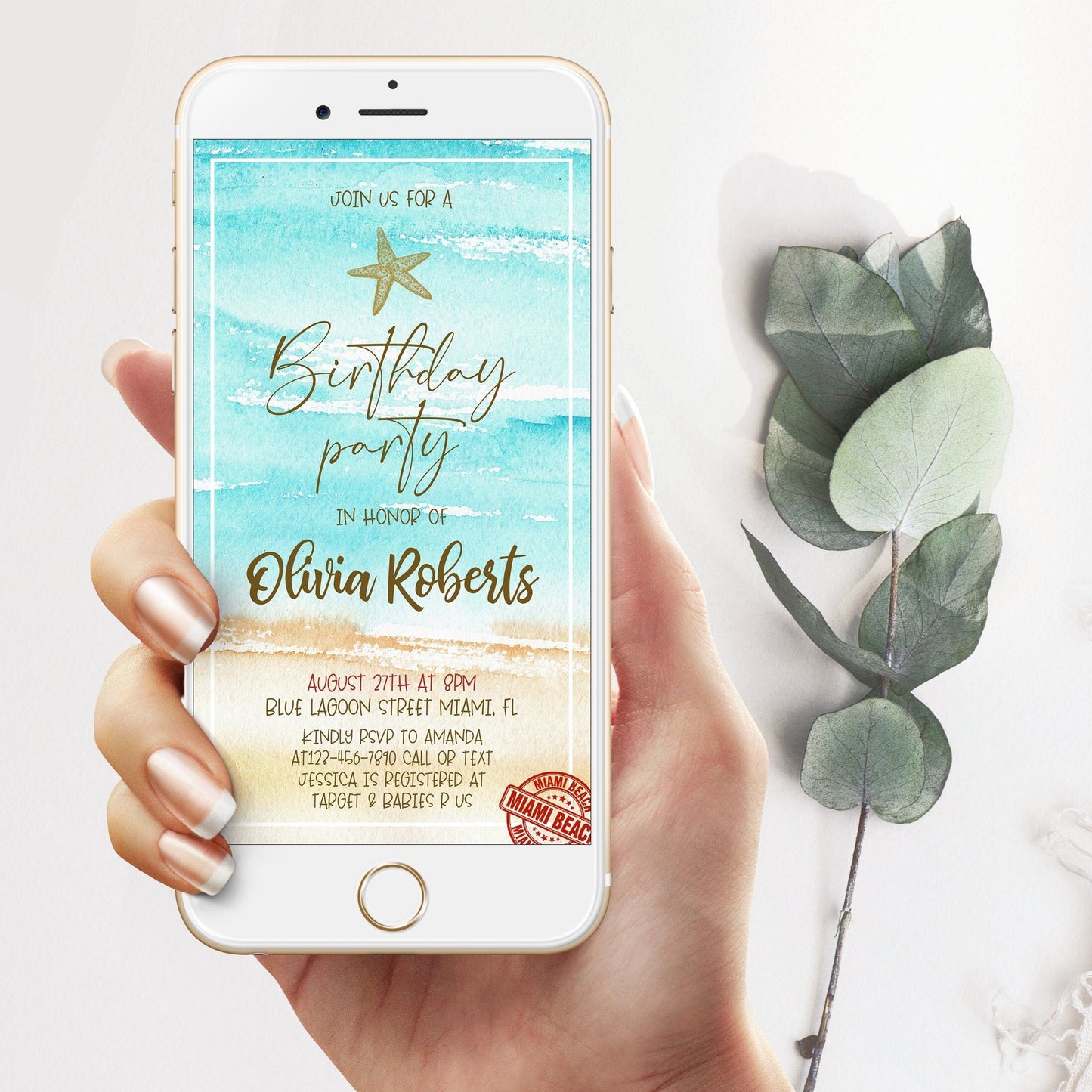 Watercolor Beach Party Electronic Invitation, Beach Birthday Text Invite, Beach Birthday Evite, Beach Party Phone message Invite Digital