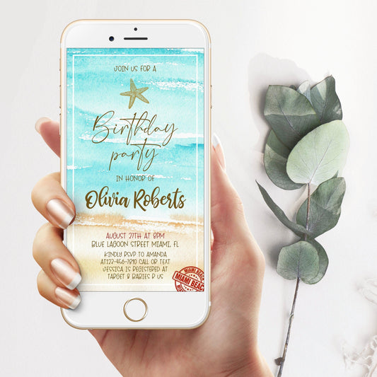 Watercolor Beach Party Electronic Invitation, Beach Birthday Text Invite, Beach Birthday Evite, Beach Party Phone message Invite Digital